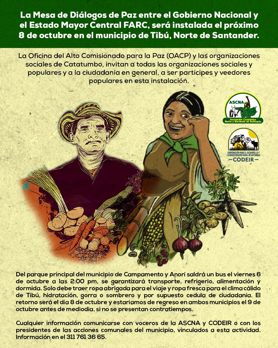 ascna_2012's tweet photo. 📣 #Atención #Importante

📢💛💚 Campesinos y campesinas de Anorí, Campamento, Guadalupe y Angostura les invitamos a la instalación de la Mesa de Diálogos de Paz entre el Gobierno Nacional y el Estado Mayor Central FARC, será el próximo 8 de octubre en el municipio de Tibú. https://t.co/PLVK8RdTgp