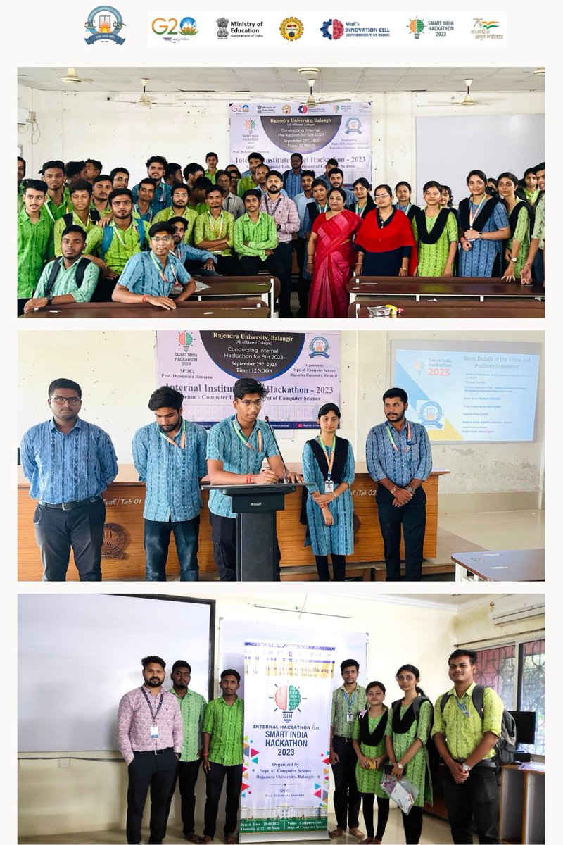 Rajendra University, Prajna Vihar, Balangir hosted the "Internal Smart India Hackathon-23" in preparation for Smart India Hackathon 2023 on September 29, 2023. 
#Rajendra_University_hackathon
#sih2023 #smartindiahackathon2023
#InnovationForIndia #InnovationCell #AICTE #G20Summit