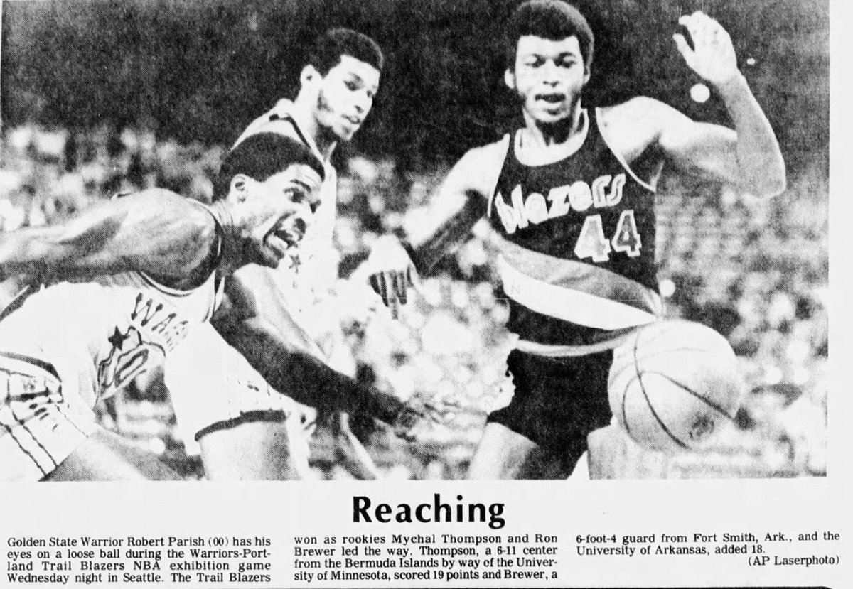 77Blazers's tweet photo. Oct 4 1978 - The 'Rookies' lead @trailblazers to a victory vs @warriors
@champagnennuts, #RonBrewer, #ClemonJohnson, #KimAnderson, #KeithHerron, #ClayJohnson, & #WillieSmith combined for 73 of 109 points.
#RipCity https://t.co/nVl5z8SN0a