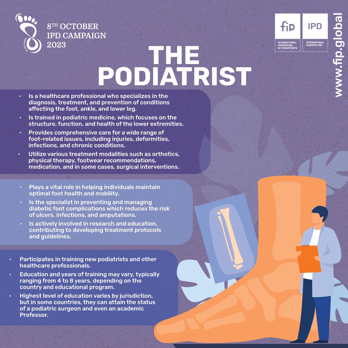 PodiatryCanada's tweet photo. Podiatrists specialize in the treatment of feet, ankles, & lower limbs conditions. They play a critical role in the management of a wide range of problems, from simple skin & nail conditions to complex musculoskeletal injuries.
#ipd2023 #podiatry #feetmatter #fipifp #feet https://t.co/sfMjEuDkg2