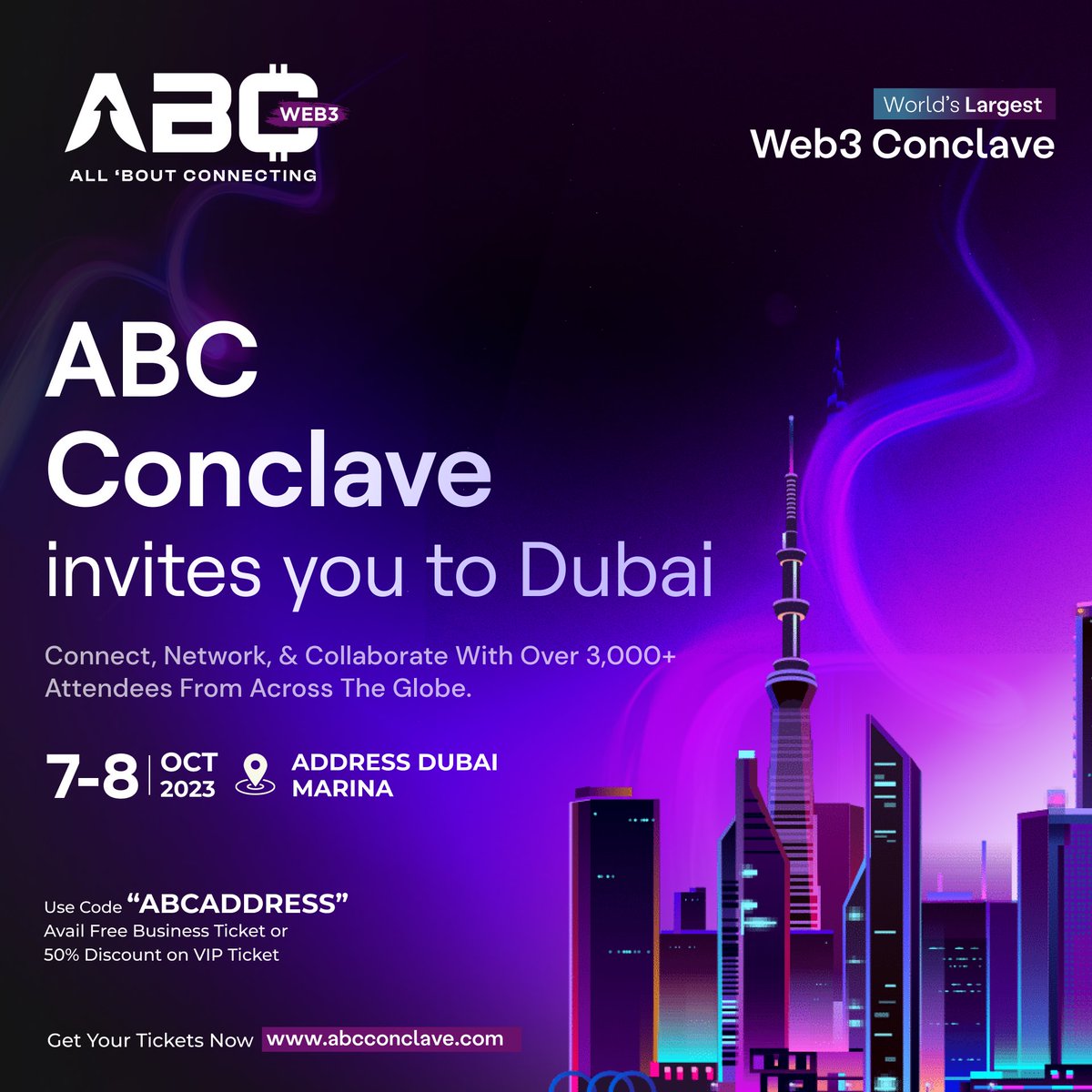 Partnership announcement w/ ABC Conclave - one of the biggest tech events in the world with over 3000+ attendees 

Grab complimentary Business ticket using code "ABCADDRESS" &amp; Exclusive 50% discount on VIP tickets using same code.

Details: abcconclave.com