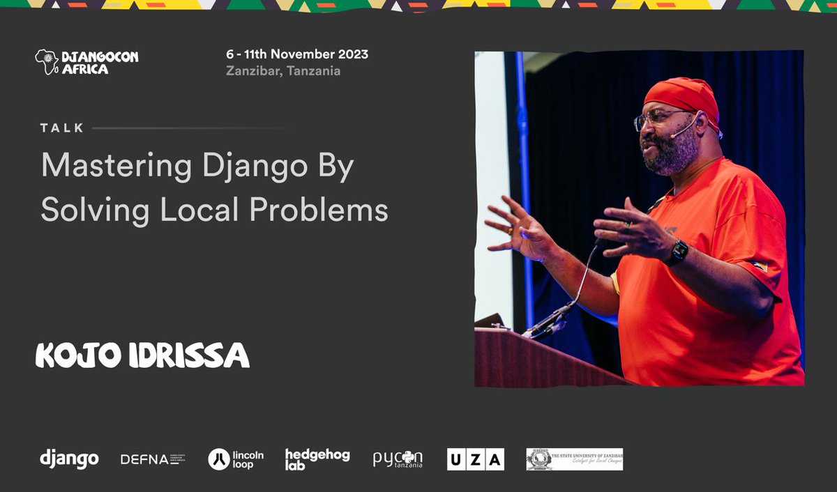 Kojo Idrissa (<a href="/KojoIdrissa/">Kojo @ Other Social Networks</a>) is a dedicated supporter of open source and the Django community as well as a  speaker at various Python and Django events. Join us at <a href="/djcafrica/">DjangoCon Africa</a> DjangoCon Africa to learn from Kojo on How to master Django by Solving Local Problem! 

Venue <a href="/StateSuza/">The State University of Zanzibar (SUZA)</a>