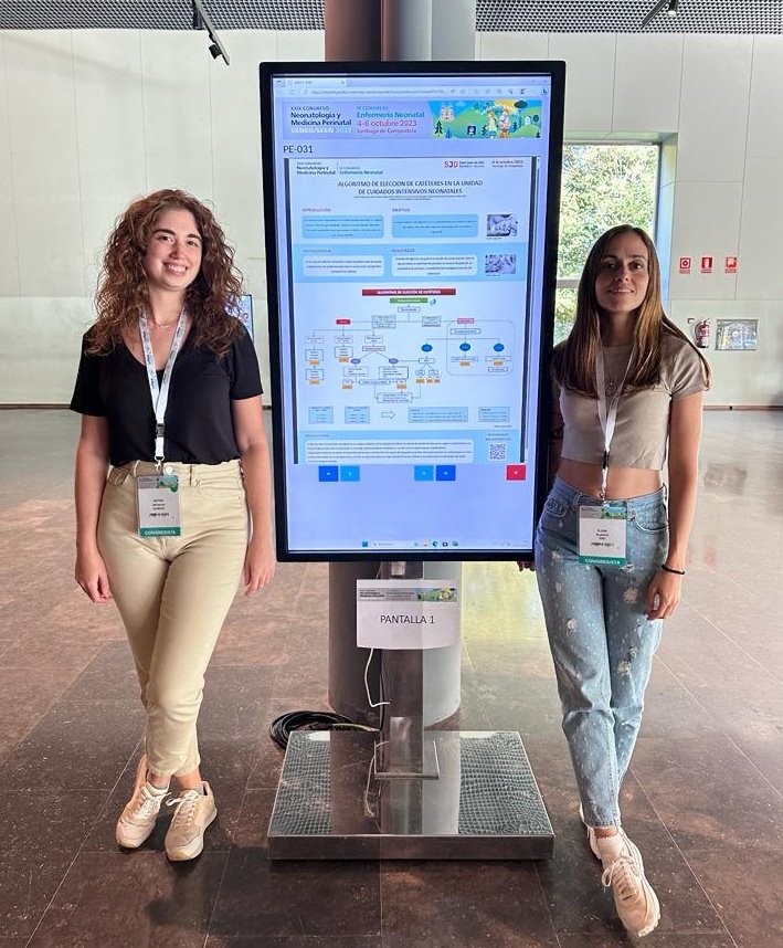Silvianeonatos's tweet photo. ➡️ Nuestras compañeras Elena Blanco y Esther Artacho, enfermeras de neonatos de @SJDbarcelona_ca participan en el congreso #seneoseen2023 con el póster sobre el Nuevo algoritmo para la selección del tipo de catéter a utilizar en #neonatología. 
👏👏👏👏💪 https://t.co/oUzwMyADyv