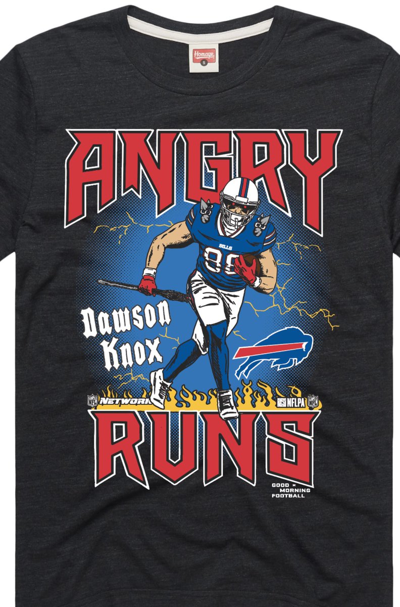 BOOM! Dawson Knox 😡ANGRY RUNS😡 shirt now available. Only thru @HOMAGE Anything else is BS. Send a pic wearing one, we’ll use on @gmfb LINK: Homage.com/AngryRuns 🦬