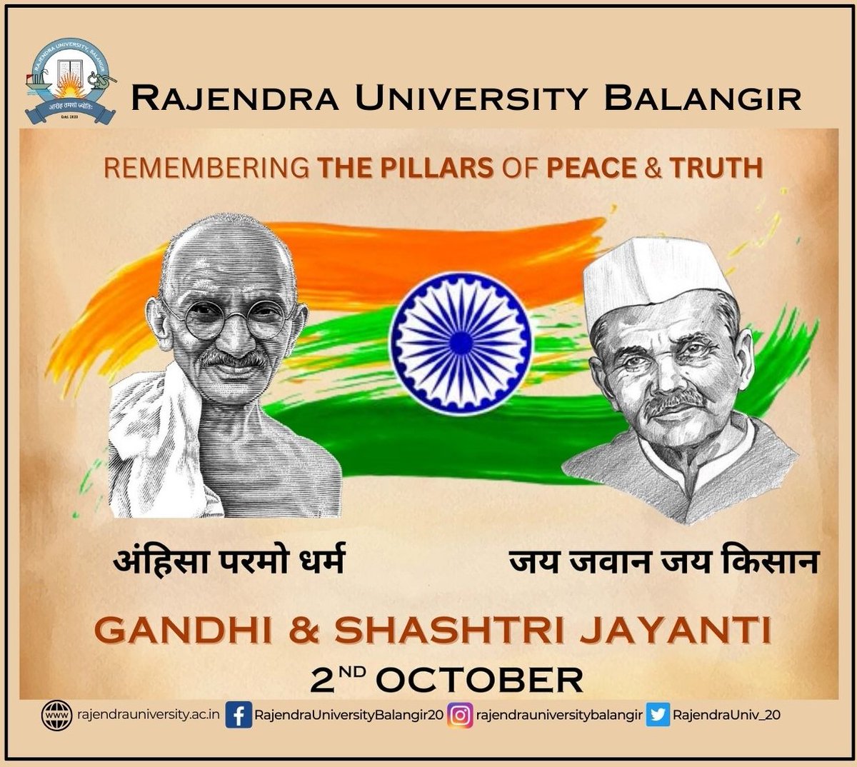 Celebrating Gandhi &amp; Shastri Jayanti 
Today, we honor two iconic leaders:
Mahatma Gandhi - Father of our Nation
Lal Bahadur Shastri - Simplicity &amp; Resilience
Let's embrace their values of peace, truth, and self-reliance in our lives. 
#GandhiJayanti #ShastriJayanti #Inspiration