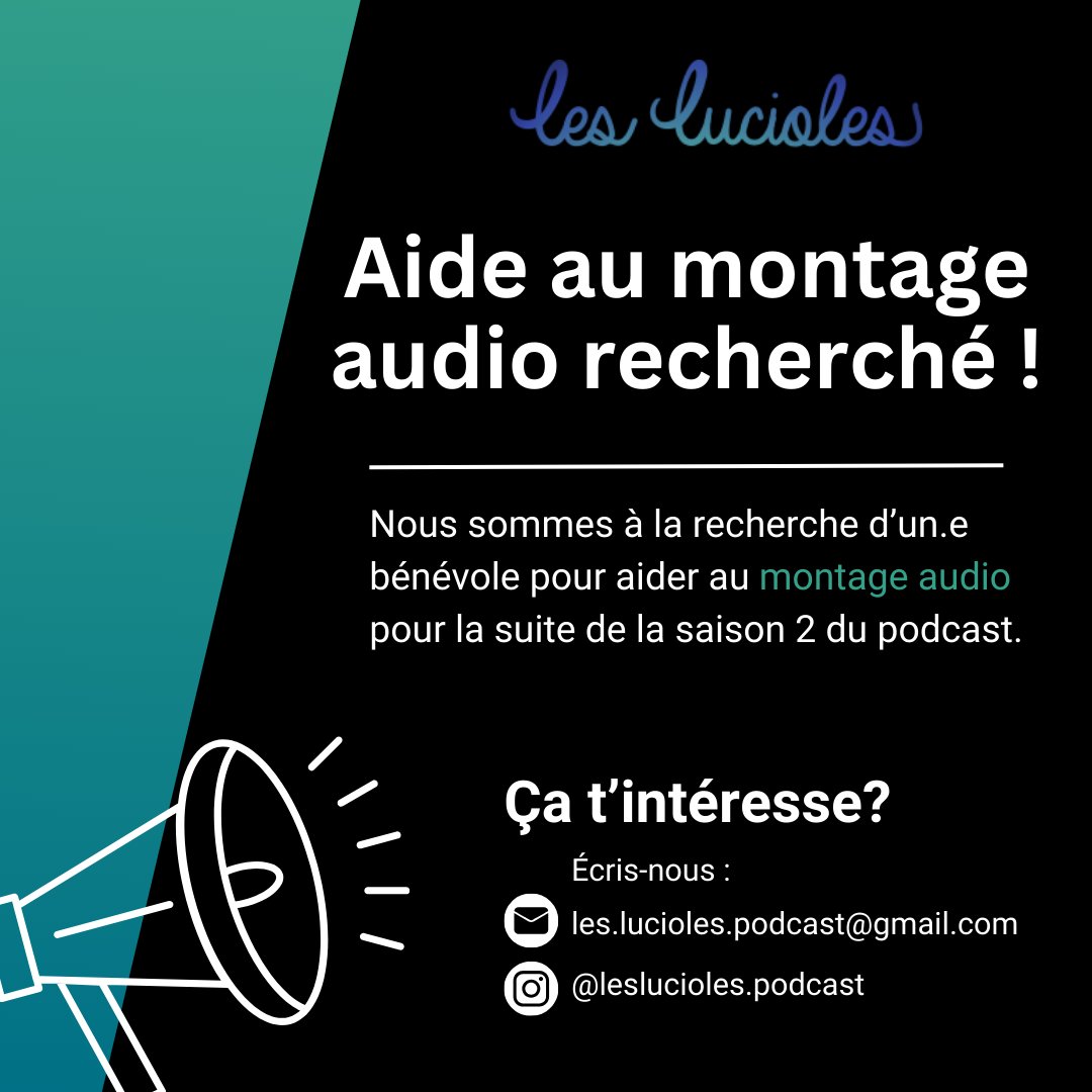 Les Lucioles | RECRUTEMENT

Nous cherchons un.e assistant.e au montage pour monter 2 à 3 épisodes de la saison 2 ! 

C'est l'occasion de s'intégrer à une équipe créative et accueillante ! 

Nous offrons bien sûr la formation  nécessaire pour utiliser la plateforme de montage🎧