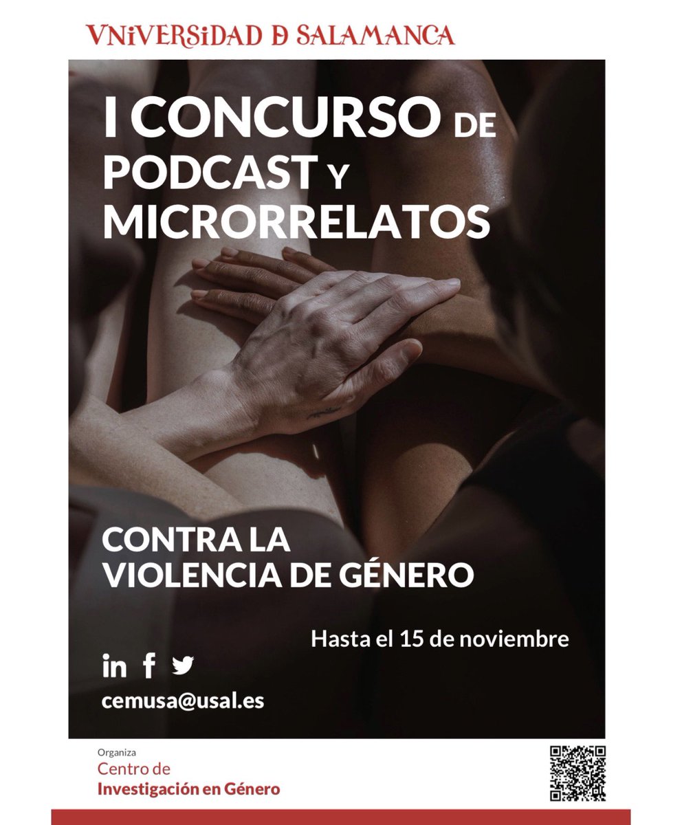 🚨I Concurso de Podcast y Microrrelatos, organizado por el <a href="/cigesal/">CIGESAL</a> y abierto a todo el estudiantado de la <a href="/usal/">Universidad de Salamanca</a> para sensibilizar y concienciar contra la violencia de género.

¡Podéis enviar vuestras contribuciones hasta el 15 de noviembre!

Más info en:
drive.google.com/drive/mobile/f…