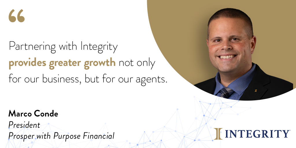 "Greater growth for our business and our agents.” Marco Conde, President of Prosper with Purpose Financial, shares his vision for our partnership. We can’t wait to see what the future holds! Learn more: bit.ly/3F0vgsv

#Announcement #IntegrityPartnership #IntegrityFamily
