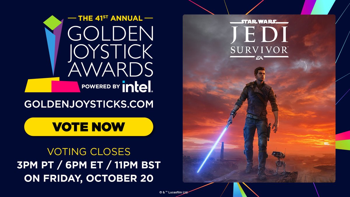The Force is strong at the #GoldenJoystickAwards! 🕹️ #StarWarsJediSurvivor is nominated for PlayStation Game of the Year and Best Storytelling! Vote Now! ➡️ goldenjoysticks.com