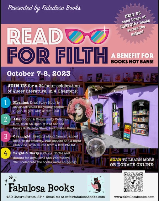 fsmith827's tweet photo. Excited to join the Read For Filth event at Fabulosa Books in Castro District in San Francisco on Sat, 10/7 and Sun, 10/8. It's to raise awareness of banned books by, for, and about LGBTQ communities. โ๏ธ๐พ๐๐#BannedBooksWeek #SanFrancisco #FabulosaBooks #CastroDistrict #LGBTQBooks https://t.co/aU8zYJWaio