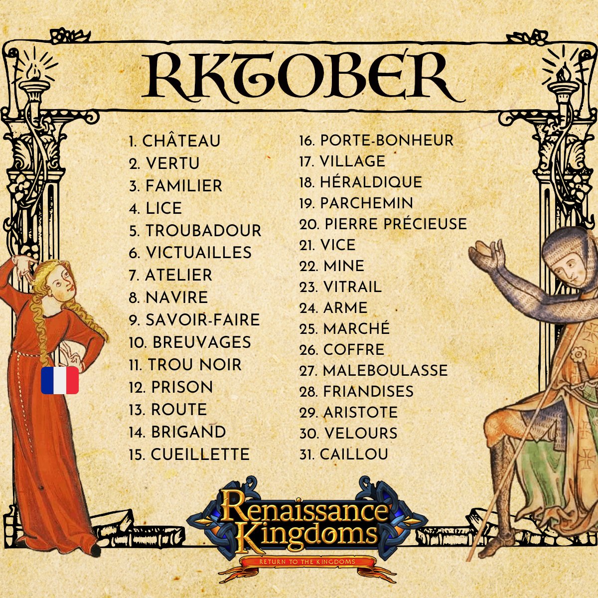 🖌️ #RKTOBER 🖌️
#inktober2023 for the <a href="/CelsiusKingdoms/">Renaissance Kingdoms</a> lovers 🏰
Challenge your imagination with 1 (or 31) of the words in this list and share your creations (drawings, poems, RP, crafts!), can't get enough of our talented community! 😍 #RenaissanceKingdoms