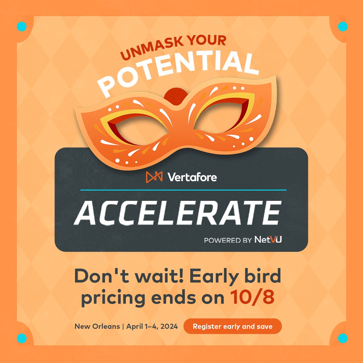 Vertafore's tweet photo. Early 🐦 pricing for Accelerate, powered by @netvu_now, ends this Sunday, October 8!️ Unmask the best price for the premier InsurTech conference and 2024’s can’t-miss event for insurance pros.
🎭 #AccelerateNow #Accelerate2024
Register: https://t.co/iunw5ibEBu https://t.co/jGfkVUqPJG