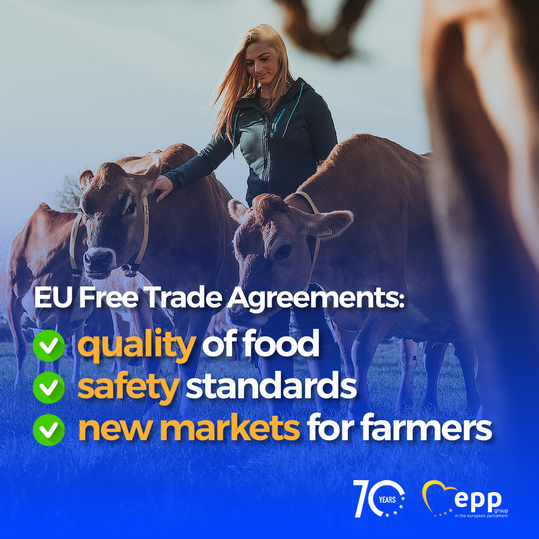 EPPGroup's tweet photo. From farm to fork, #EUFreeTrade Agreements ensure high food safety standards, protect consumers, and support sustainable agriculture practices. 

Free trade deals do not threaten jobs in Europe but support them 🥦🌾. 

 #JobsJobsJobs https://t.co/nB3s7U8T3U