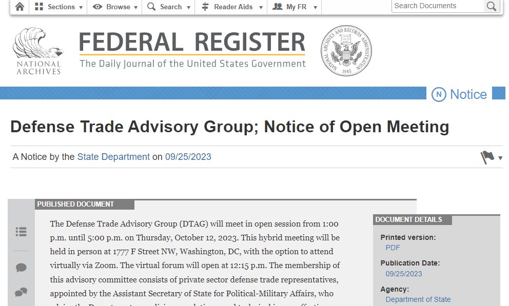 Attention #ITAR defense trade watchers: You’re invited to join us for <a href="/StateDeptPM/">Political-Military Affairs, US Dept of State</a>’s #DDTC’s next HYBRID plenary session of the Defense Trade Advisory Group #DTAG October 12. 

Hybrid and OPEN TO THE PUBLIC.

Details and registration info <a href="/FedRegister/">Federal Register</a> :
federalregister.gov/documents/2023…