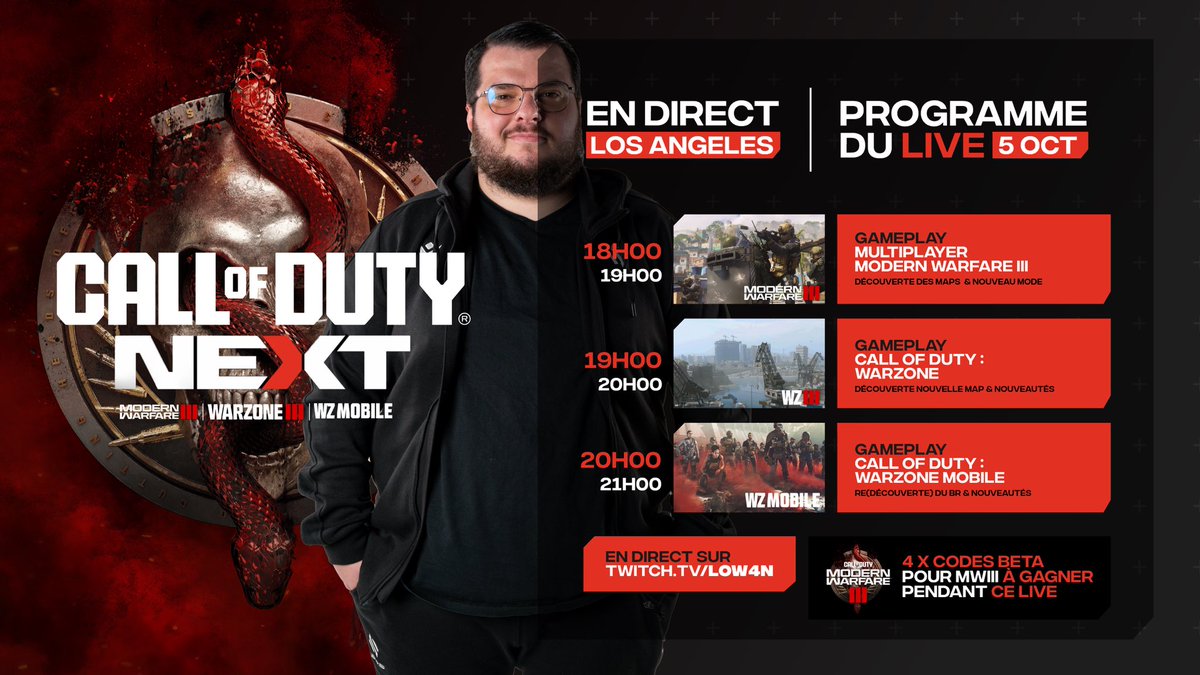 🚨CODNEXT J-1🚨
📅 18h00, JEUDI, sur ma chaîne Twitch!

Je vous laisse découvrir le programme chargée de la soirée sur ce tweet! 

Et pour fêter ça 😏 en plus des 4 CODES BETA #MW3 a faire gagner demain, j’en fais gagner un parmi les personnes qui auront FAV &amp; RT ce tweet ! 👀🎁