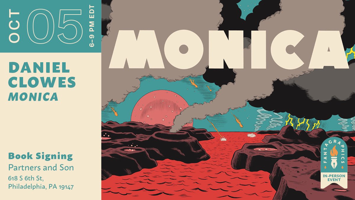 Fantagraphics (@fantagraphics) on Twitter photo Hey Philly, <a href="/danielclowes/">Daniel Clowes</a> is coming your way! He’ll be signing copies of Monica at Partners and Son tomorrow at 6:00 pm—head to ow.ly/gJZV50PT1F8 to RSVP! Hey Philly, <a href="/danielclowes/">Daniel Clowes</a> is coming your way! He’ll be signing copies of Monica at Partners and Son tomorrow at 6:00 pm—head to ow.ly/gJZV50PT1F8 to RSVP!