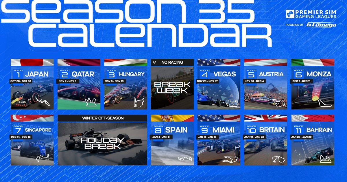 PremierSimGL's tweet image. Season 35 calendar is here 📆

· S35 kicks off at Suzuka on October 26
· Las Vegas set to make its PSGL debut
· New Singapore layout for the first time

We can confirm Australia, Monaco, Canada, Azerbaijan, Netherlands and COTA will feature on the S36 calendar

#PSGLS35
