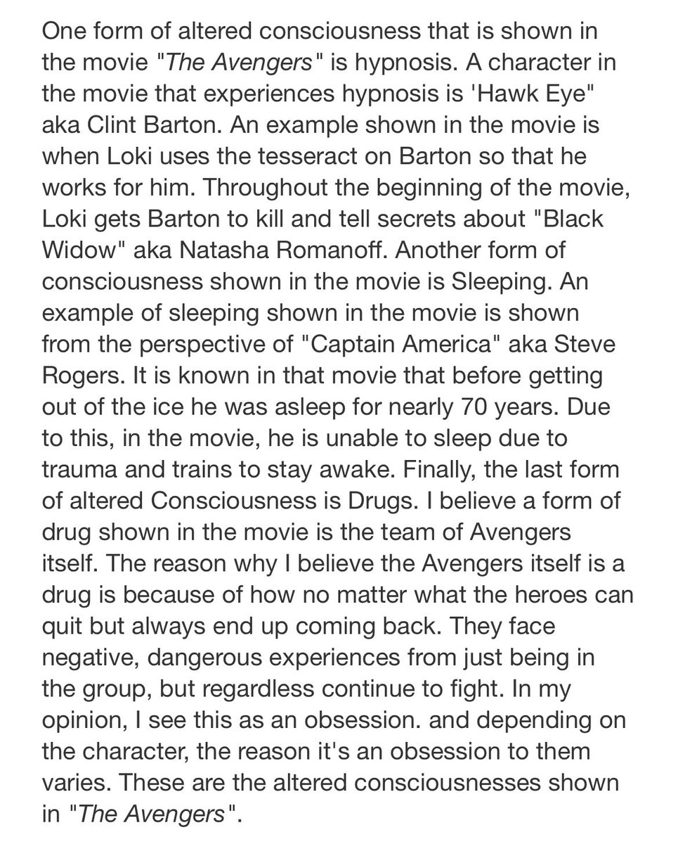 KSCoffeeTeacher's tweet photo. Posting an updated sample of our newest addition to my superhero class. The prompt was how do you see states of consciousness in @MarvelStudios The Avengers. My personal fav analysis was that being an Avenger is like a drug addiction. https://t.co/SVtpuj7k56