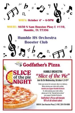 TONIGHT (10/4)! 🍕

Get a pizza at Godfather’s Pizza between 6 and 9 pm and mention Humble HS Orchestra to help support our programs. 🎻

(Location: 8650 N. Sam Houston Pkwy E)

<a href="/orchestra_HHS/">The HHS Orchestra</a> <a href="/humblemsorch/">Humble Middle School Orchestra</a>