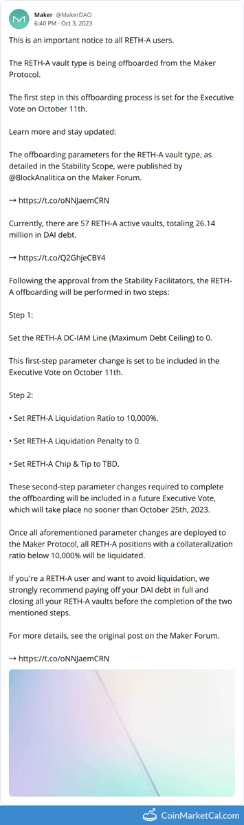 🆕 New Dai $DAI event! 
 
From 11 Oct to 25 Oct 2023 
RETH-A Offboarding Vote  
 
Source: coinmarketcal.com/en/event/reth-…
