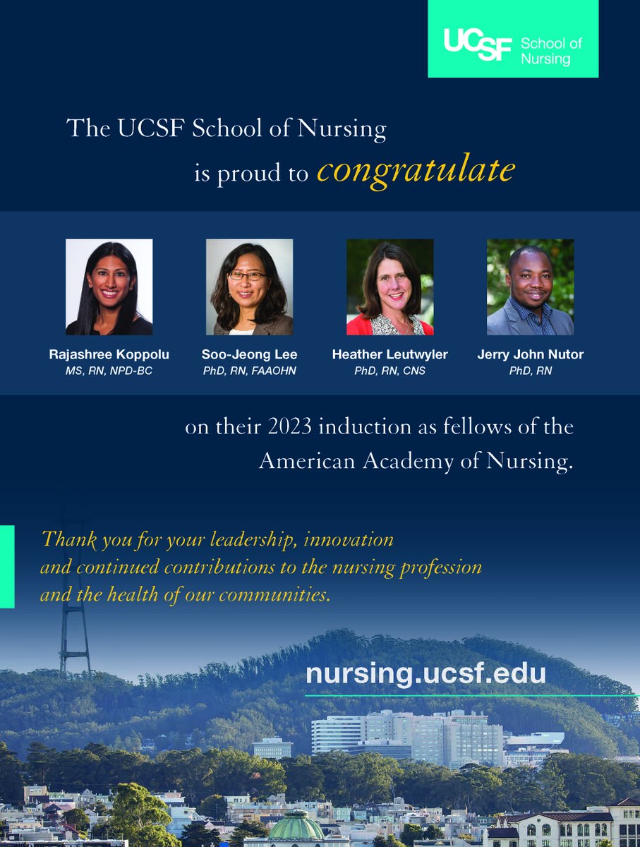 #Congratulations to four @UCSFnurse members who who will be inducted into the American Academy of Nursing’s 2023 Class of Fellows during the academy's annual conference Oct. 5-7 in Washington D.C. 🎉 @jjnutor