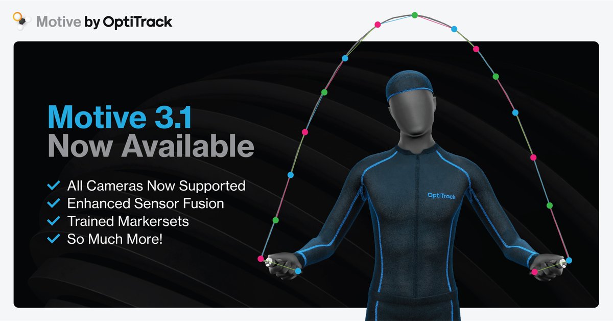 optitrack's tweet photo. Motive 3.1 is here, and it's our most advanced #MotionCapture software version yet!

Now you can pair Motive with ANY of our motion capture cameras! Take advantage of all of Motive 3.1's new features and enhancements now.

Read More: https://t.co/RzGvlqKQl5 https://t.co/WjS92a9eZV