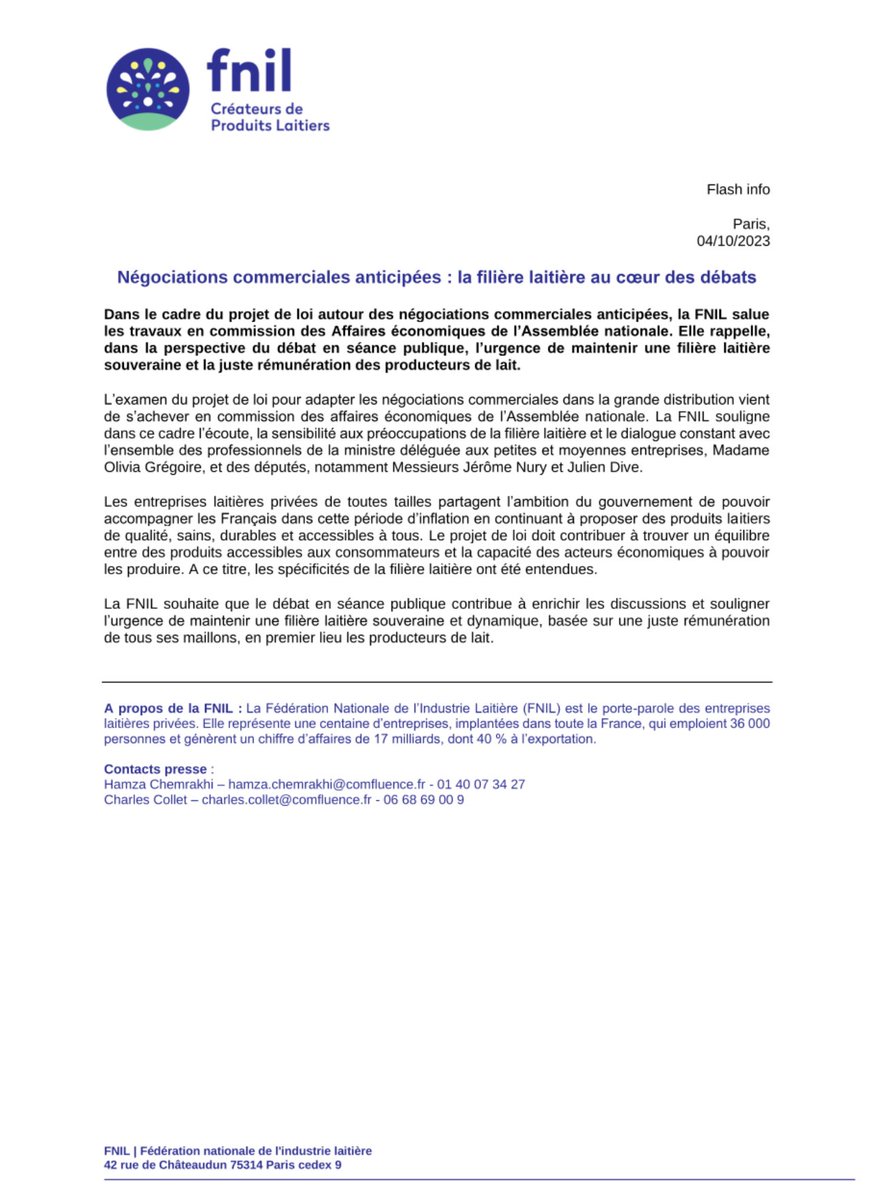 [NEGOCIATIONS COMMERCIALES ANTICIPEES] La filière laitière au cœur des débats. 

Retrouvez le communiqué de presse de la Fédération nationale de l’industrie laitière (FNIL) sur le projet de loi actuellement examiné à l’Assemblée nationale.