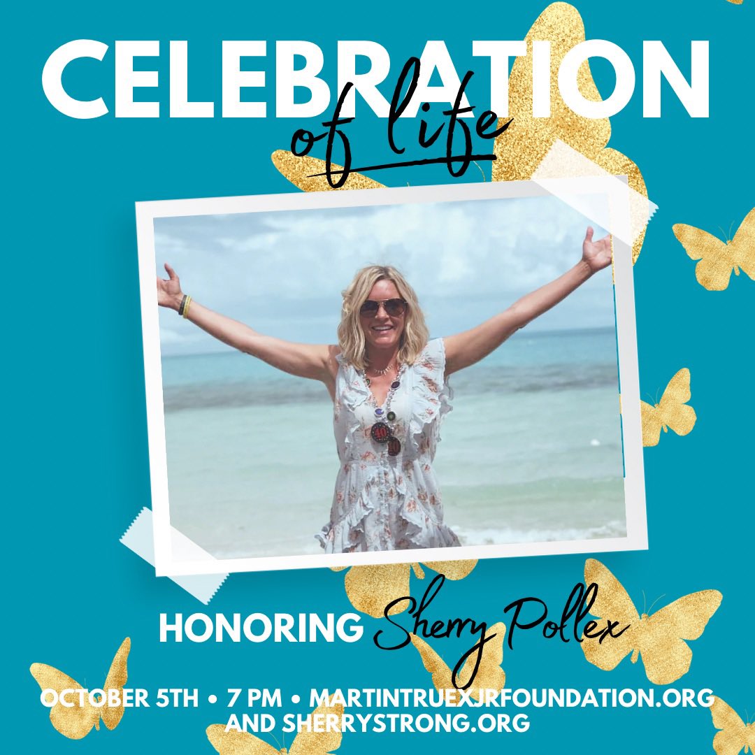 Join us (virtually) as we honor the beautiful life of our Sherry Pollex. She fought courageously for others, she saw the beauty in every sunset, and she lived a life worth celebrating. The event will be live streamed on SherryStrong.org, tomorrow at 7pm. Join us🩵🦋