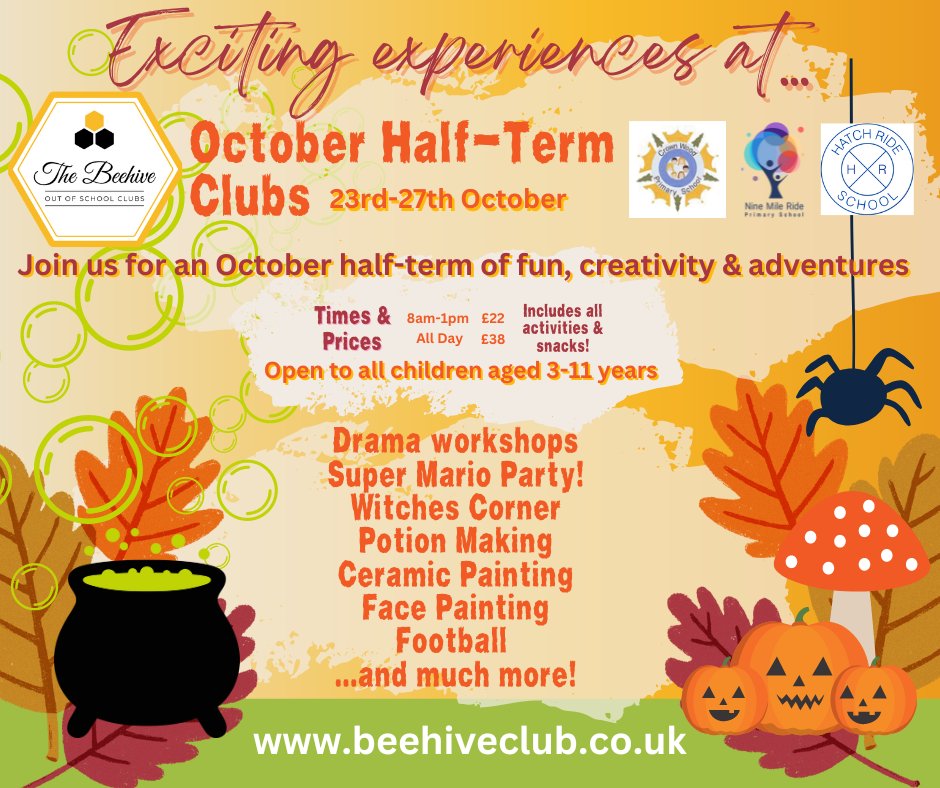 BeehiveOf's tweet photo. And just like that...it's half-term! ✨
Join us at @CrownWoodPS  #HatchRidePrimarySchool or @nmrprimary next week for fun, creativity &amp; adventures!
https://t.co/NIhEo3eS1B

#OctoberHalfTerm #BerkshireHolidayClubs #ActiveKids #TheBeehiveHolidayClubs https://t.co/oWAlxX9bSb