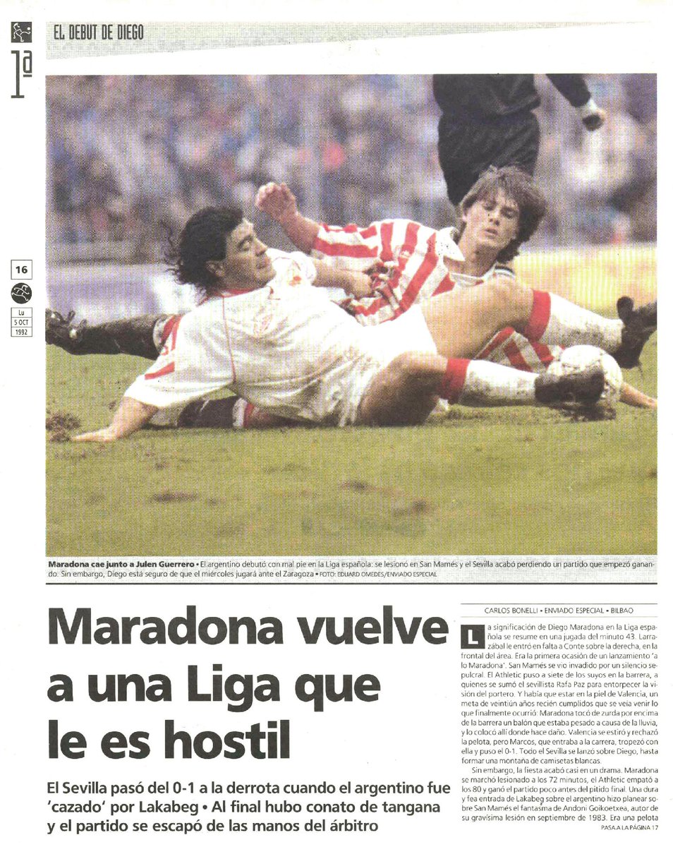#Taldiacomohoy #Maradona juega su primer partido oficial con el #SevillaFC en el terreno de juego del #AthleticClub de #Bilbao en 1992

#AthleticClubSevillaFC #SFC_Hemeroteca #WeareSevilla #NuncaTeRindas #VamosMiSevilla #DiegoEterno #DiegoMaradona #ElDiezPerfecto