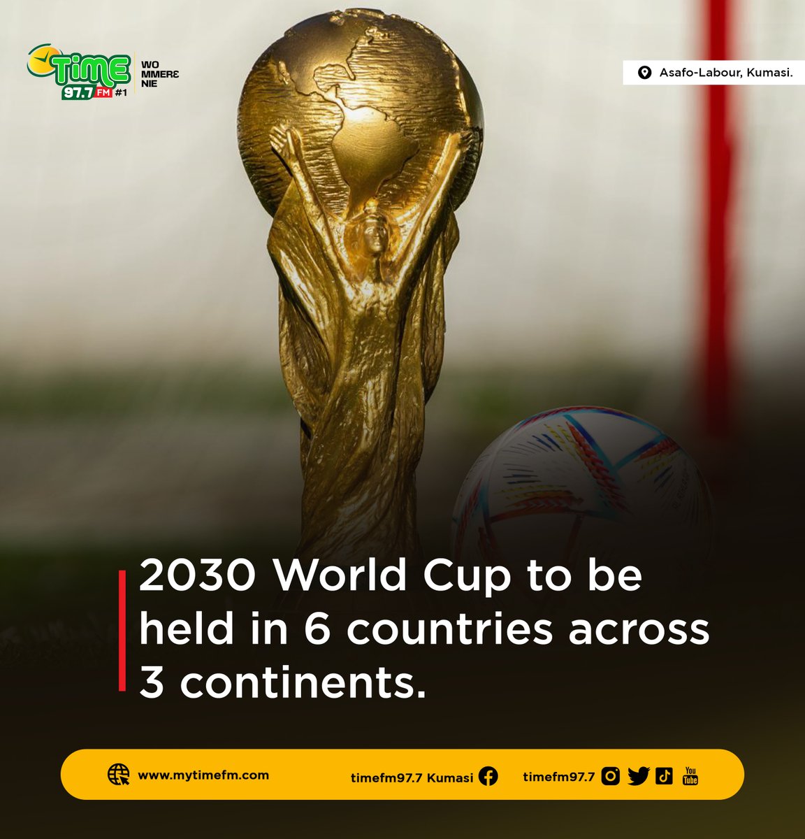 TimeFM977's tweet photo. JUST IN: 2030 World Cup to be held in 6 countries across 3 continents. #SportsNews #TimeSports

#ApologyNotAccepted | Cecelia Dapaah | Chairman Wontumi | Kennedy Agyapong | FIFA https://t.co/TVAbGRoao6