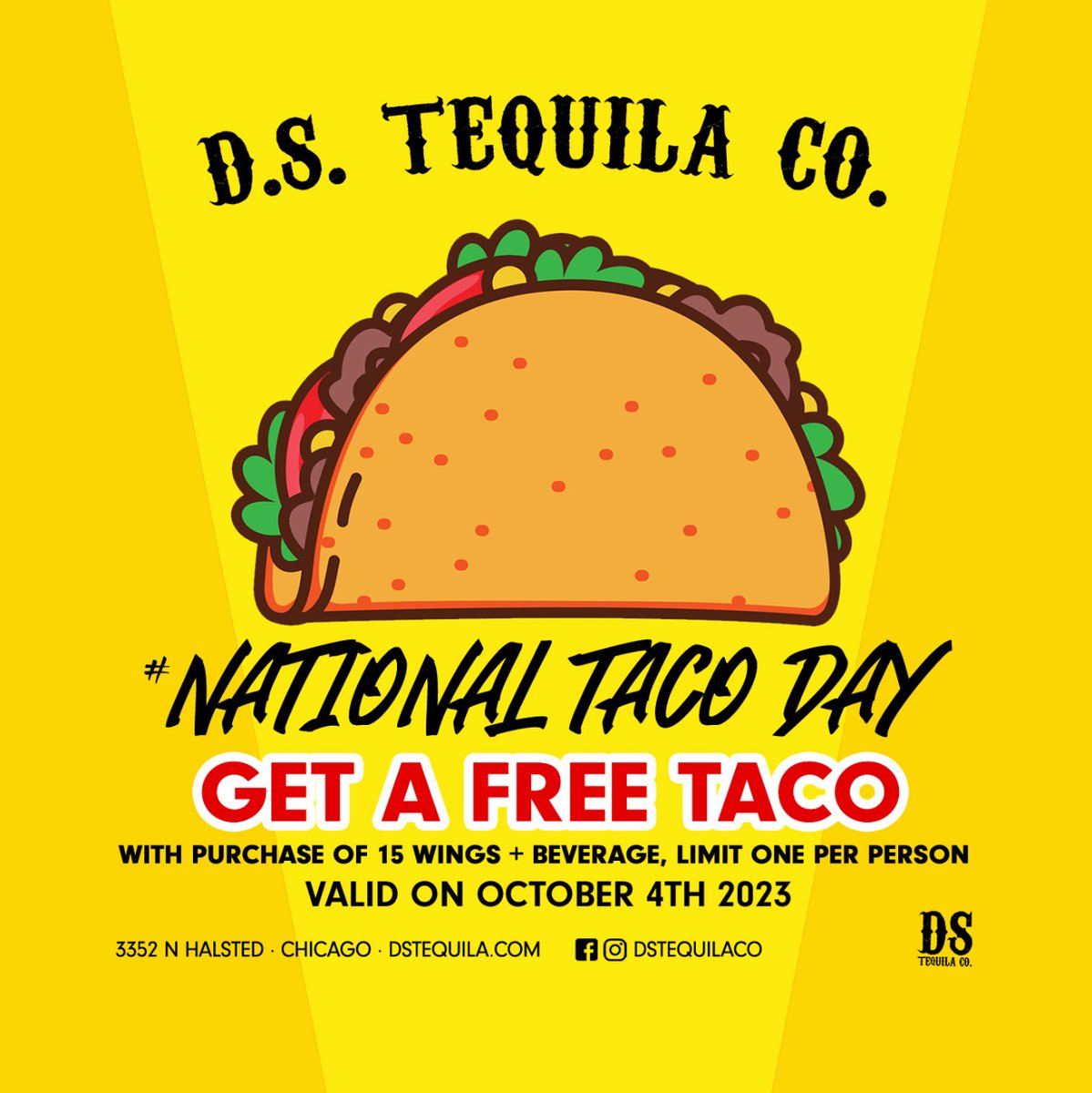 Happy #NationalTacoDay🌮!! Celebrate quite possibly the best food on the planet! Get 1 free taco when you order 15 wings for wing night. 4pm-9pm, in house only, beverage purchase required, limit one per person. Valid 10/4/23.