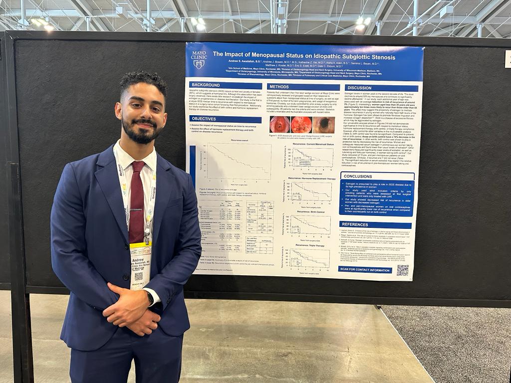 Congratulations to M2 Andrew Awadallah for his poster 'Impact of Menopausal Status on Idiopathic Subglottic Stenosis' @AAOHNS #OTOMTG23!