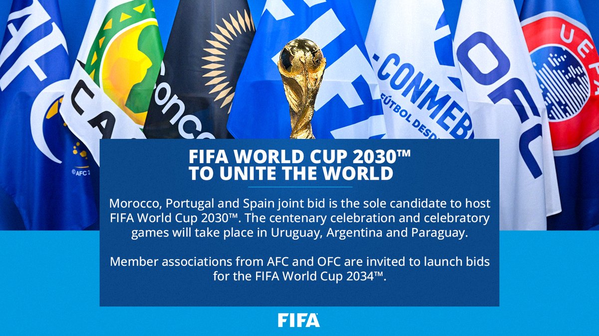 • Morocco 🇲🇦, Portugal 🇵🇹 and Spain 🇪🇸 bid is the sole candidate to host 2030 <a href="/FIFAWorldCup/">FIFA World Cup</a>.

• Centenary celebration and celebratory games to take place in Uruguay 🇺🇾, Argentina 🇦🇷 and Paraguay 🇵🇾.

• Member associations from AFC and OFC invited to bid for the 2034 edition.
