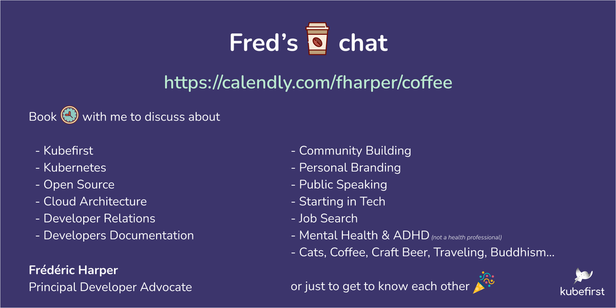 fharper's tweet photo. Two things worth pinning to my profile:
1. I'm offering free #coffeechat to anyone who wants to have a discussion about... mostly anything! Book time at https://t.co/1O43gSfQWX
2. If you are a developer advocate, check https://t.co/E8Ez0L1vHq to be a guest on the #devrelshow https://t.co/Z0OqxD9pmp