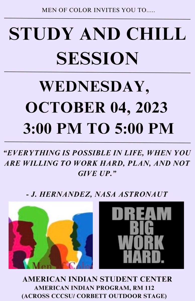 Join us today for our weekly Study and Chill Session from 3:00 PM to 5:00 PM at the American Indian Student Center, Rm 112.  See you soon!