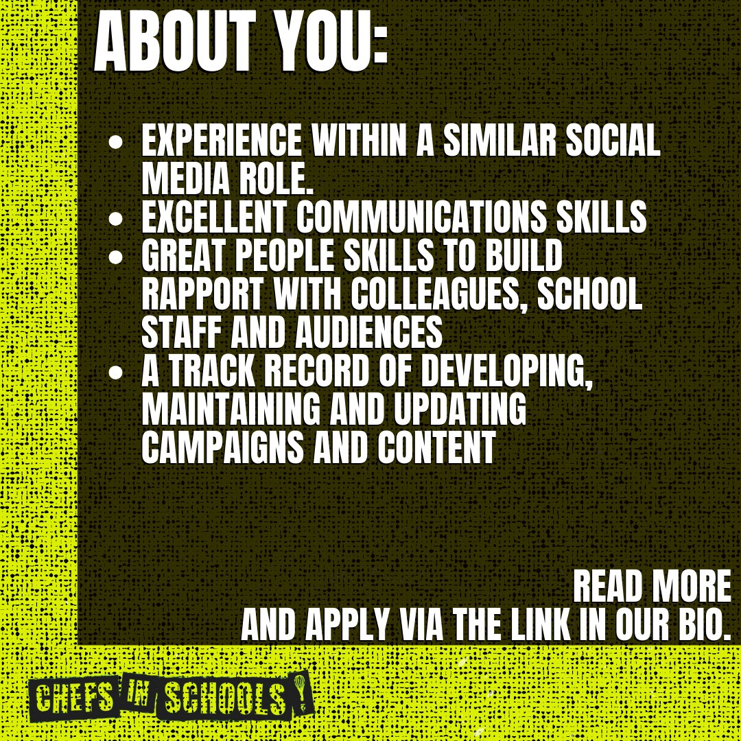 ChefsinSchools's tweet photo. Are you a social media whizz? Well this might be for you: we're looking for a savvy social media officer to join our team and take our socials and their impact to the next level.
✨✨
https://t.co/moXRSViGIj

#hiring #socialmediaofficer #applynow https://t.co/Vj1ELJEbrx