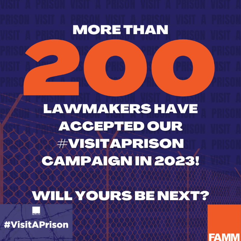 FAMMFoundation's tweet photo. #VisitAPrison has made great strides since last year! We’re proud to report that we’ve tracked over 200 lawmakers across the United States who have visited both state and federal prisons as part of the campaign. 🎉🎉
  
Challenge your legislator to #VisitAPrison today.