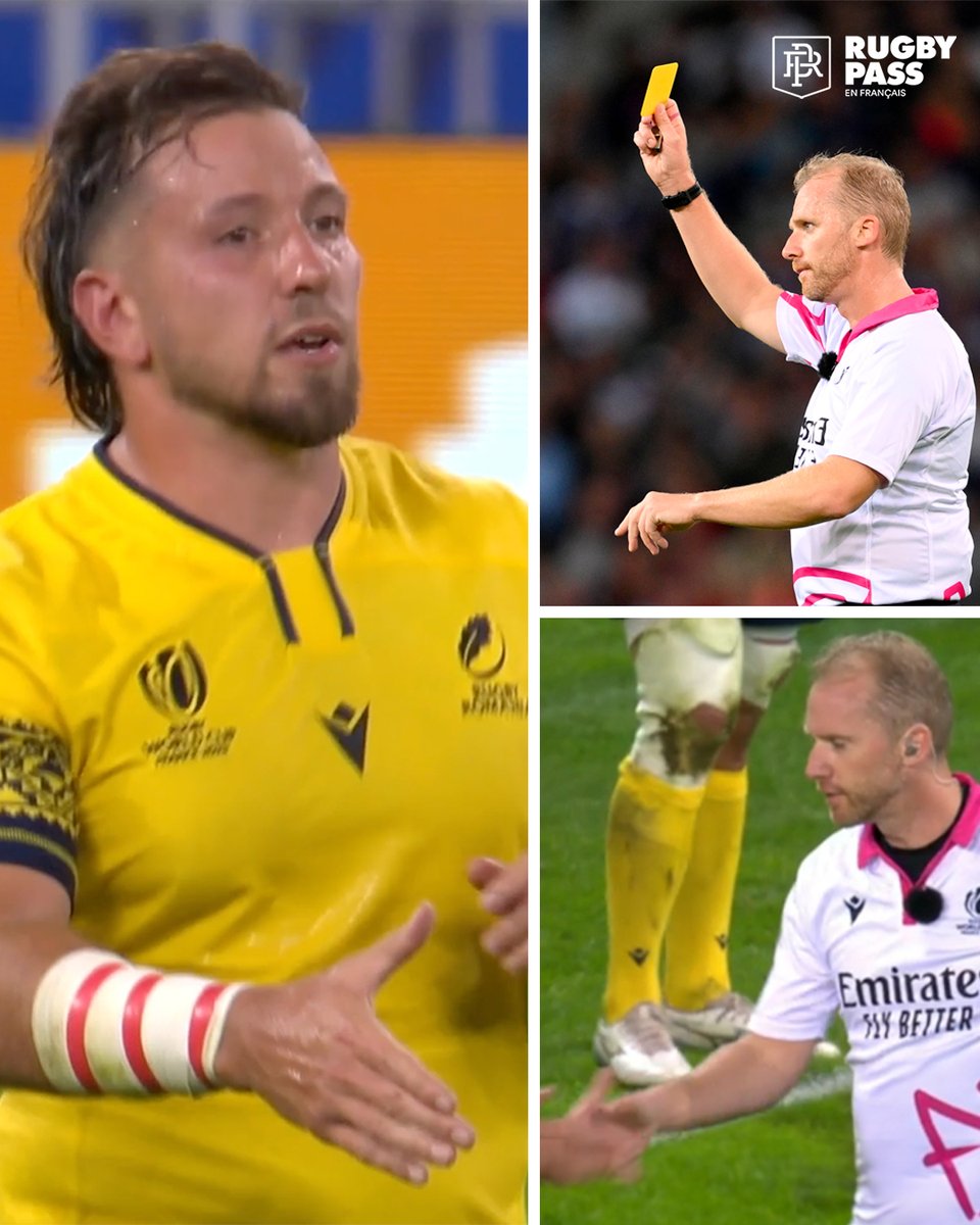 RugbyPass_FR's tweet photo. Après avoir reçu un carton jaune, le joueur roumain Robert Irimescu est allé voir l’arbitre pour lui serrer la main 🙌
#RWC2023 | #SCOvROM https://t.co/MeDvSHSFZW