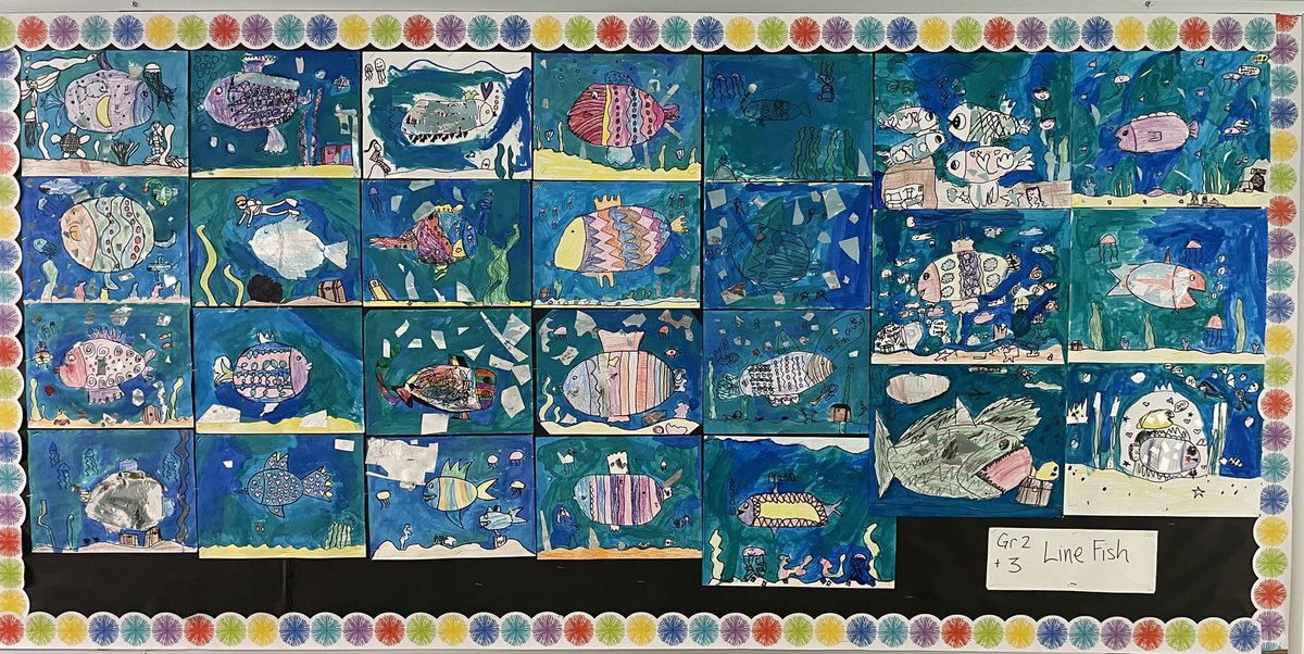 KSmith_ArtEd's tweet photo. Bulletin boards are displaying some beautiful student artwork at Greystone! Gr. 4/5 optical illusions and gr. 2/3 line fish! @jenquattrucci https://t.co/P3bJaDK9Lx