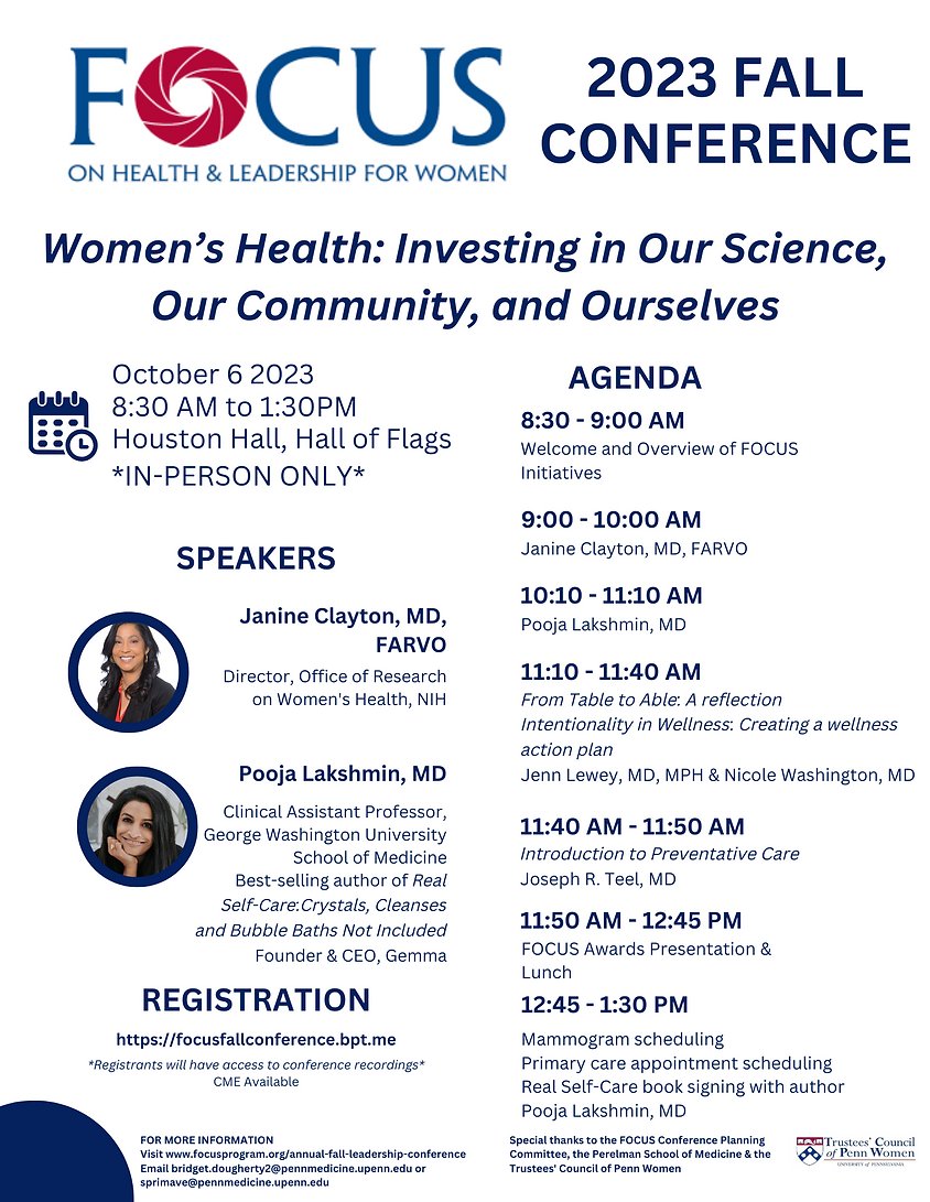 Join @FOCUS_UPenn on 10/6 for their 26th Annual Fall Conference ft'ing @JanineClaytonMD (@NIH_ORWH), @PoojaLakshmin (@GWtweets), @jennlewey (@PennCardiology), Nicole Washington (@ChildrensPhila) & Joseph Teel (@Penn_DFMCH). Learn more & register➡️ shorturl.at/rCKOY