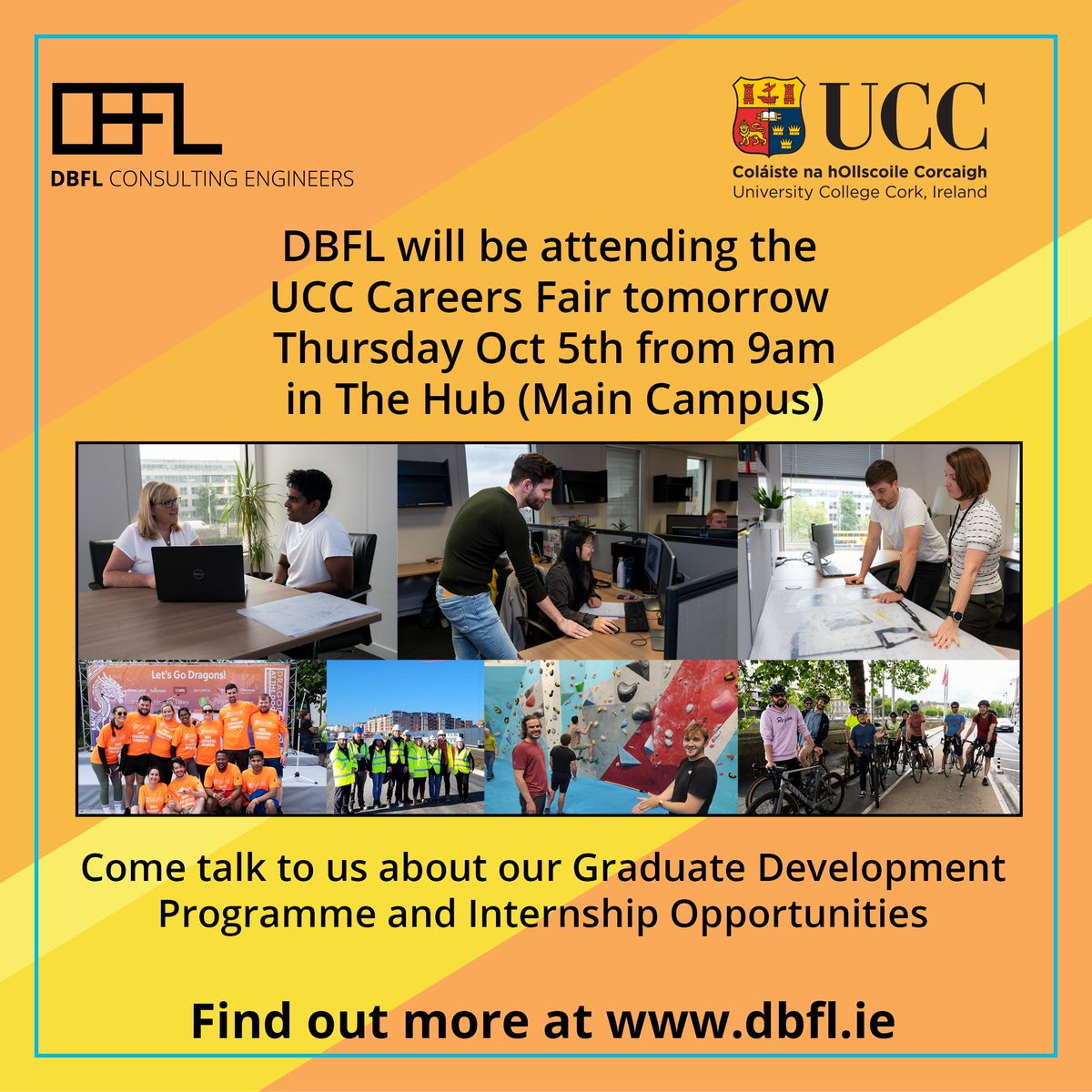 DBFL will be at the @UCC Careers Fair in The Hub at the Main Campus from 9 a.m. tomorrow. Come chat with our team and ask about our Graduate Development Programme and Internship Opportunities.dbfl.ie/graduate-devel… dbfl.ie/dbfl-internshi… #engineeringcareer #careersfair #ucc