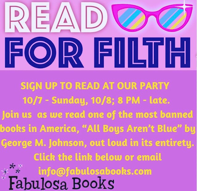 fsmith827's tweet image. As part of the Read for Filth Benefit event, I'm reading from @IamGMJohnson's All Boys Aren't Blue on Sat, 10/7 at 9pm at Fabulosa Books, Castro District, San Francisco. Info: eventbrite.com/o/fabulosa-boo…✍️🏾📚🌈#BannedBooksWeek #SanFrancisco #FabulosaBooks #CastroDistrict #LGBTQBooks