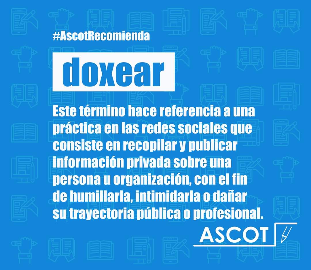 AscotPeruOf's tweet photo. Este término proviene del inglés «doxing», que a su vez viene de «document» ('documento'), que se acortó como «docs» y, luego, «dox». La RAE señala que no se ha asentado un término específico para traducir «doxing/doxxing/docxing». #AscotRecomienda #Doxear #Doxing https://t.co/0qHVjhu6T2