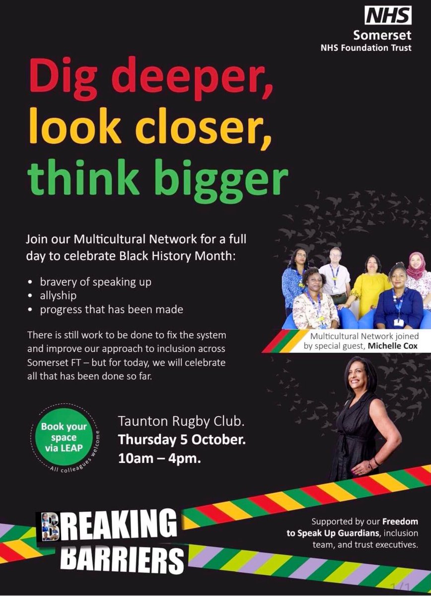 It's tomorrow! 🥳 Our colleagues @SomersetFT are SO excited to welcome the very inspirational @clearmind67 to our Black History Month conference. Over 80 colleagues have booked so far! It will be a fantastic event 💕👏 Special thanks to our Multicultural lead, @TayoEvans ❤️