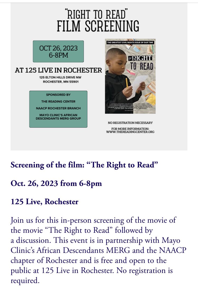 JustinMCook1's tweet photo. October is Dyslexia Awareness Month, which seems like a pretty good time to remember that READING IS A CIVIL RIGHT. Come join for a screening of @RightToReadFilm on Oct 26 at #125Live in #rochmn. https://t.co/d9RHBPrQAU
