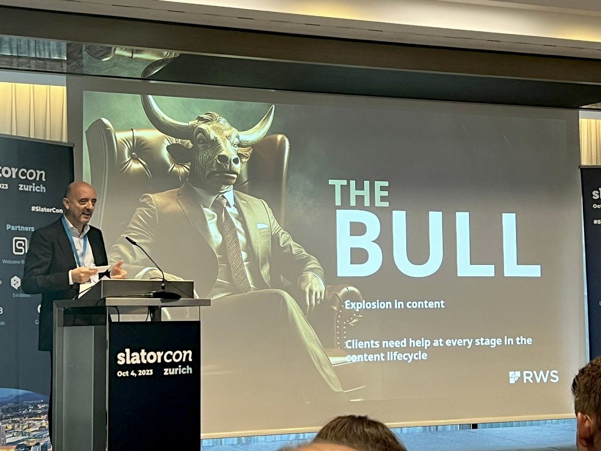 RWSGroup's tweet image. #SlatorCon Zurich 2023 has kicked off with Ian El-Mokadem taking the stage for his keynote ‘The Bull and the Bear’.

Ian gave his perspective on the choices that need to be made and the capabilities that will be required to remain relevant to clients and attractive to investors.