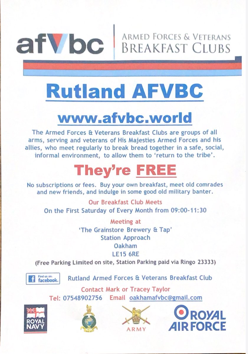This Saturday 7th October is our monthly breakfast club. If you’re a member of the Armed Forces Community or connected then please join us. A fab brekky is always guaranteed at the <a href="/thegrainy/">Grainstore Brewery</a> and a very warm welcome from us all <a href="/RafaRutland/">RAFA Rutland</a> <a href="/RBLOakham/">Royal British Legion Oakham</a> <a href="/RAnglians/">Royal Anglian Regiment Charity</a> <a href="/RoyalNavyFPS/">Royal Navy Family and People Support</a>