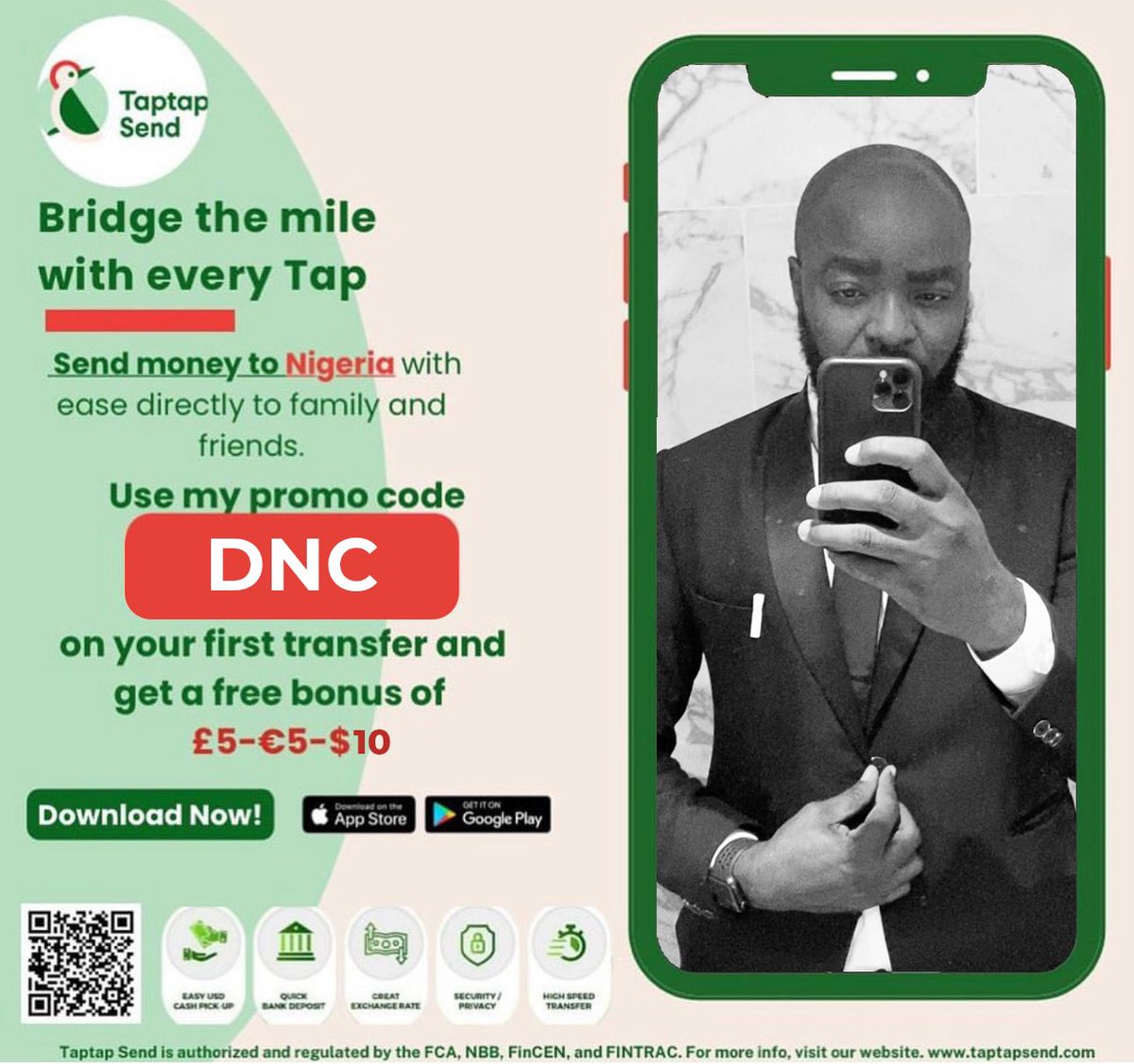 dncdgreat's tweet photo. Bridge the miles with every Tap 

Send money to Nigeria with ease directly to family and friends with @taptapsend 

Download TapTap Send and Sign Up. 

Do a minimum transaction of £1 - €1 - $1 or more to any Nigerian account. 

Use my promo code: “DNC”
On your first transfer https://t.co/zl200rvuBi