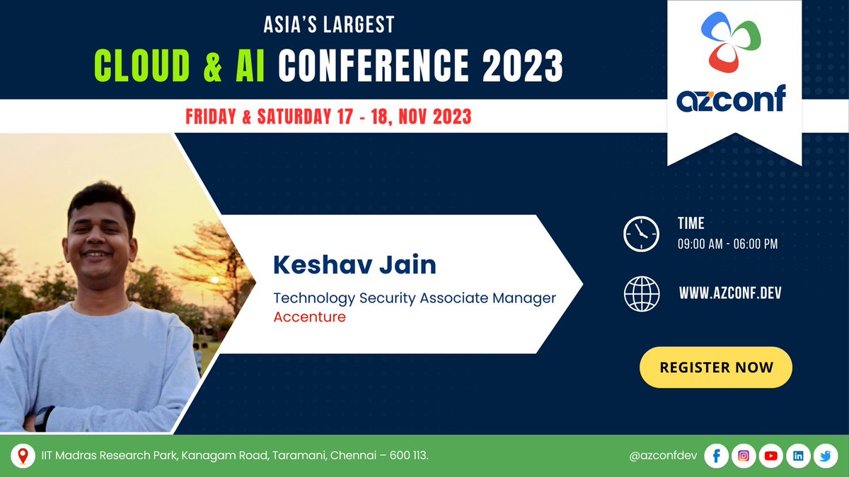 TechXConf's tweet image. 🎤 Speaker Announcement! 🎤
We are excited to announce that @KeshavJain13 will be our speaker at AZConf 2023, Asia's Largest Cloud and AI Conference! Join us on November 17-18, 2023, at IIT Madras Research Park in Chennai.
Register Now: azconf.dev
#AZConf2023